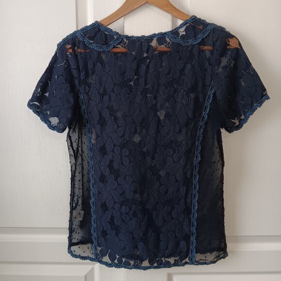 Comme Toi Women's Navy Blue Floral Lace Mesh Sheer Short Sleeve Blouse Size M - Picture 2 of 13